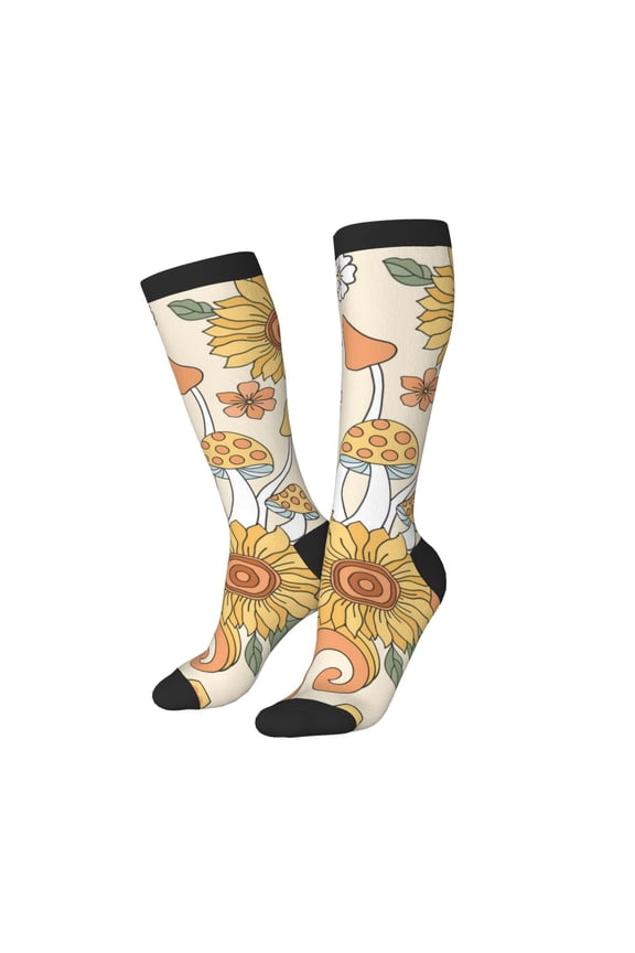 Knee High Socks for Women Men Athletic - hippie flower mushrooms Thigh-High Black Sole Comfort Breathable Long Socks for Casual Travel Running