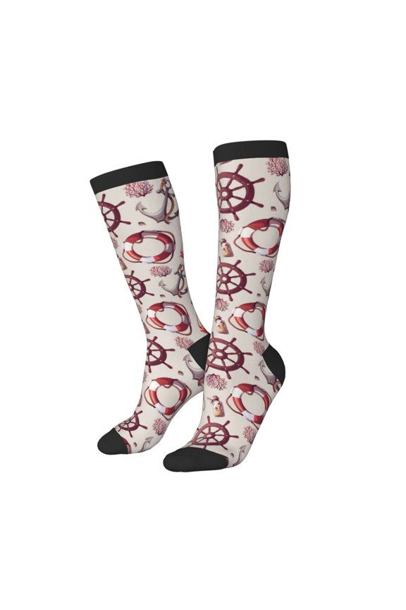 Knee High Socks for Women Men Athletic - lifebuoy anchor rudder Thigh-High Black Sole Comfort Breathable Long Socks for Casual Travel Running