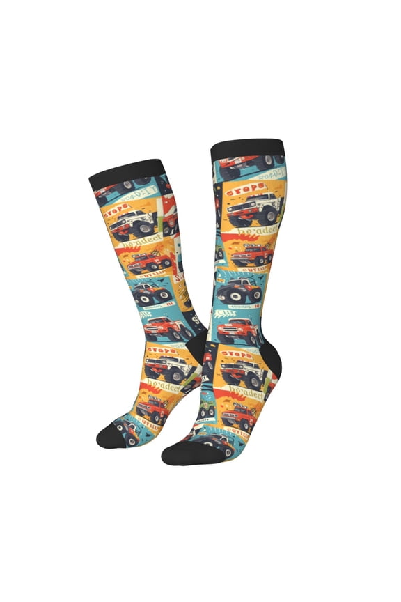 Knee High Socks for Women Men Athletic - off road racing car colorful Thigh-High Black Sole Comfort Breathable Long Socks for Casual Travel Running