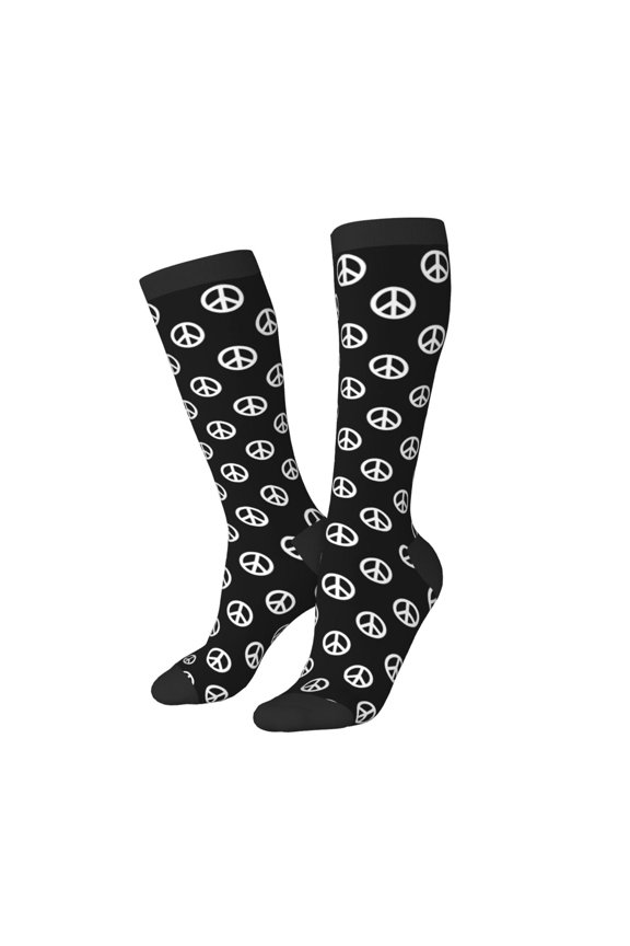 Knee High Socks for Women Men Athletic - peace sign boho style black Thigh-High Black Sole Comfort Breathable Long Socks for Casual Travel Running
