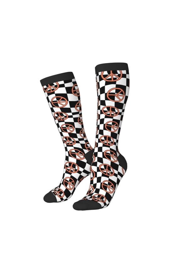 Knee High Socks for Women Men Athletic - peace sign chessboard Thigh-High Black Sole Comfort Breathable Long Socks for Casual Travel Running