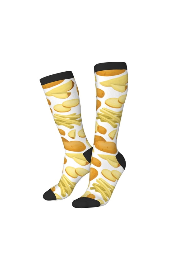Knee High Socks for Women Men Athletic - potato chips fries Thigh-High Black Sole Comfort Breathable Long Socks for Casual Travel Running