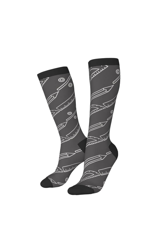 Knee High Socks for Women Men Athletic - ruler pencil Math Print Thigh-High Black Sole Comfort Breathable Long Socks for Casual Travel Running