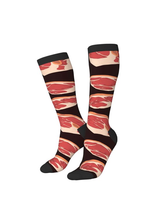Knee High Socks for Women Men Athletic - steak print B Thigh-High Black Sole Comfort Breathable Long Socks for Casual Travel Running