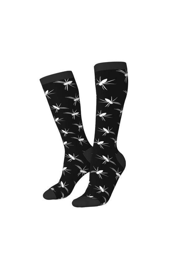 Knee High Socks for Women Men Athletic - white spider doodle black Thigh-High Black Sole Comfort Breathable Long Socks for Casual Travel Running