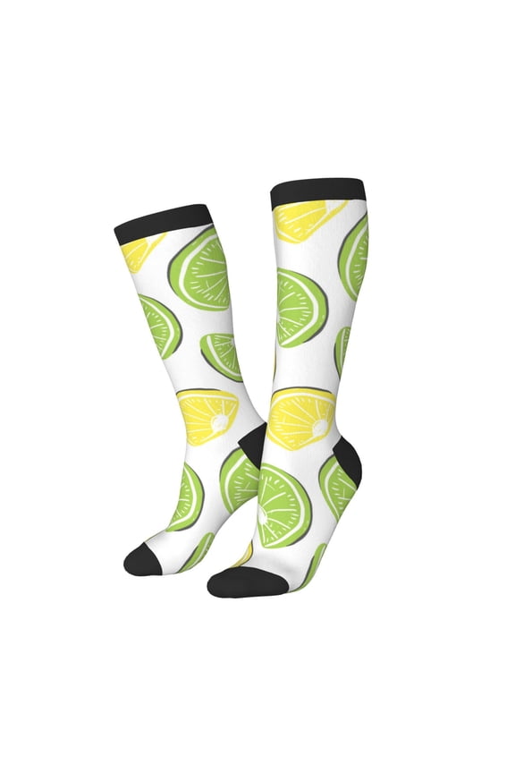 Knee High Socks for Women Men Athletic - yellow green Lemon print Thigh-High Black Sole Comfort Breathable Long Socks for Casual Travel Running