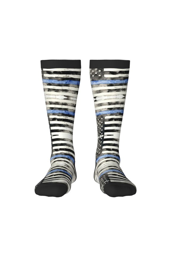 Knee High Socks for Women Police Blue Thin Line Flag Long Tube Sock Uniform Socks