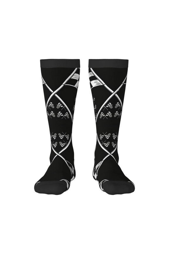 Knee High Socks for Women Racing Checkered Flag Long Tube Sock Uniform Socks
