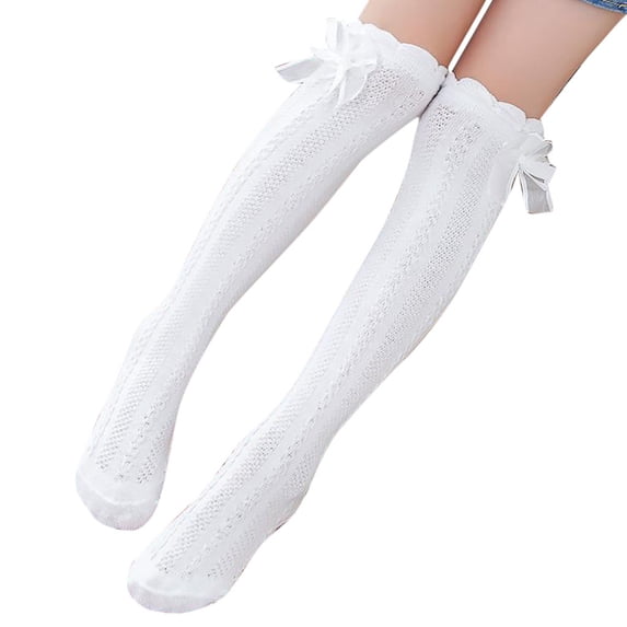 Knee High Socks for Womens LSQii Cute Bow Ruffle Cotton Twist Knit Tight Stockings Sweet Princess Style Solid Color 5-12 Years Old White