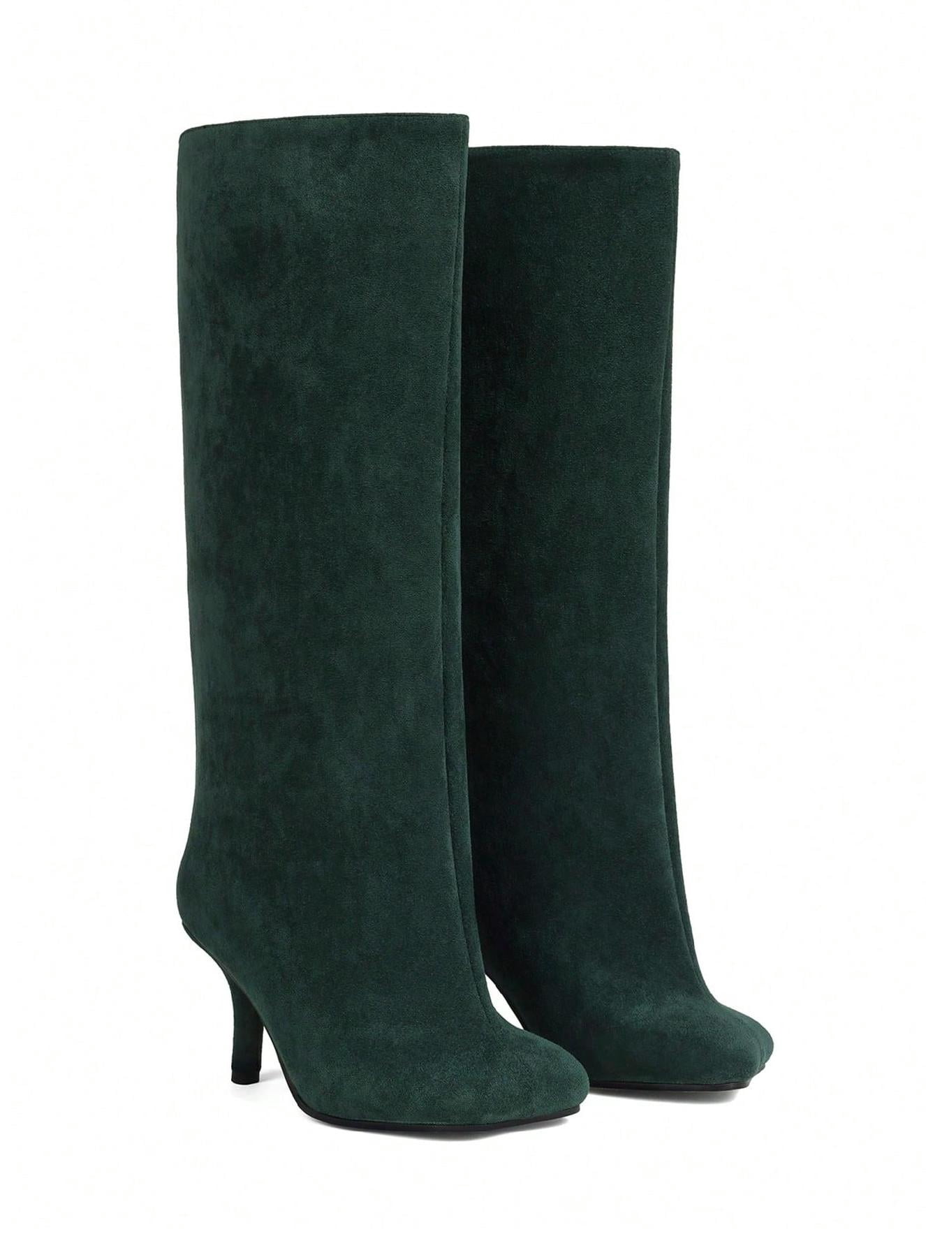 Knee High Square Toe Stiletto Heel Suede Wide Calf Long Boots Heeled ...