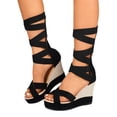 thumbnail image 1 of Knee High Strappy Wedge Sandal for Women with Back Zipper Open Toe Elastic Strap Platform Heels Walking Shoes Black Size 7, 1 of 6