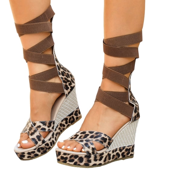Knee High Strappy Wedge Sandal for Women with Back Zipper Open Toe Elastic Strap Platform Heels Walking Shoes Brown Size 9.5