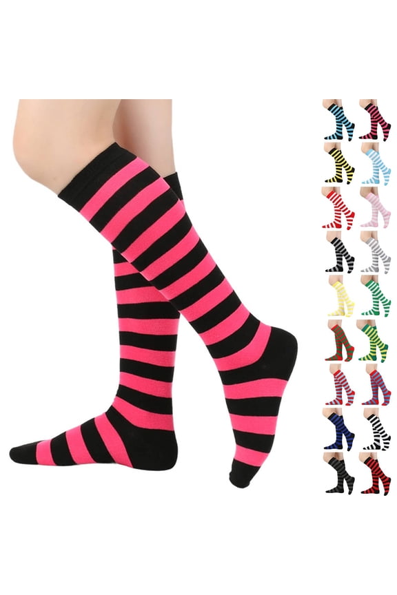 Knee High Striped Socks for Women - Long Thin Tube Sports Thigh High Socks Tall Stockings Hot Pink