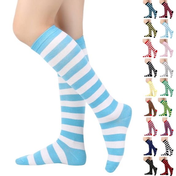 Knee High Striped Socks for Women - Long Thin Tube Sports Thigh High Socks Tall Stockings Light Blue
