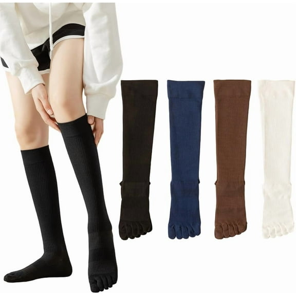 Knee High Toe Socks for Women - 4 Pairs Five Toe Knee High Boot Socks for Yoga, Pilates, Outdoor Sport, Athletic