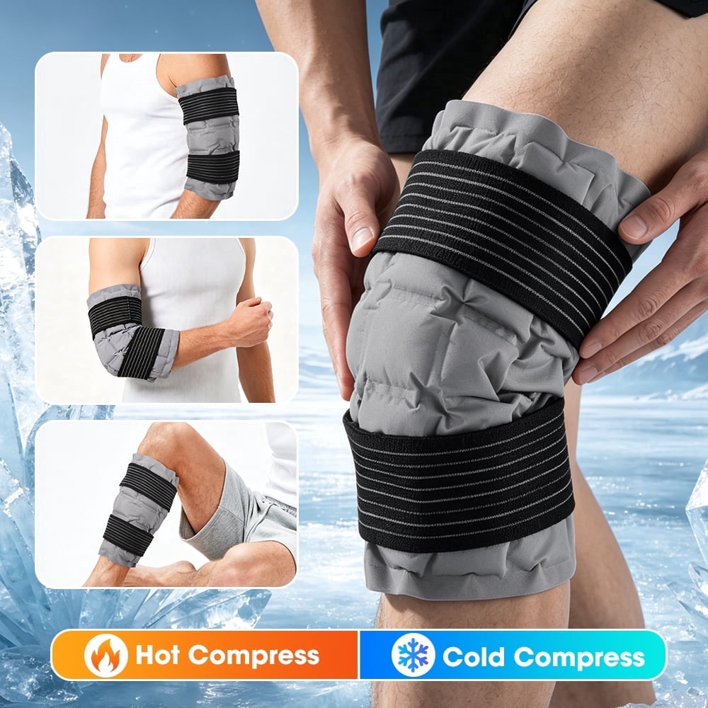 Knee Ice Pack Wrap, Reusable Hot Cold Therapy Wrap for Knee Elbow Calf, Self-Absorbing Water Resin Gel Pack for Swelling & Stiffness Relief, Freeze & Microwave Safe, (Gray, 2Pcs)