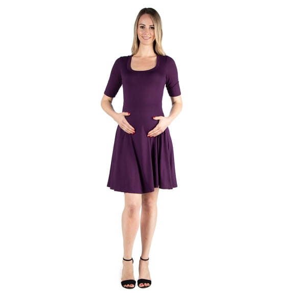 24seven Comfort Apparel Maternity Scoop Neck Elbow Sleeve Knee Length Skater Dress