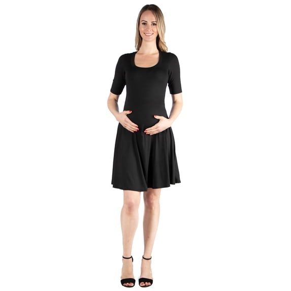 24seven Comfort Apparel Maternity Scoop Neck Elbow Sleeve Knee Length Skater Dress