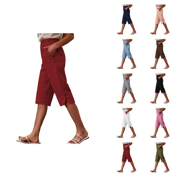 Knee Length Capris for Women Spring Summer Elastic Waist Wide Straight Leg Loose Fit Side Slit Cropped Pants with Pockets