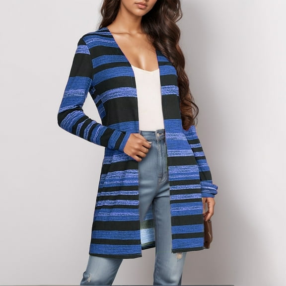 Knee Length Cardigans for Women Plus Size S-5X Casual Open Front Coats Ladies Trendy Stripe Printed Lightweight Long Sleeve Cardigan Tops