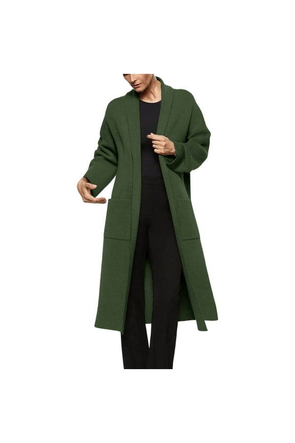 Knee-Length Coat for Women Elegant Business Office Jacket Casual Long Sleeve Work Sweater Cardigan Open Front Long Loose Notched Lapel Wool Trench Coat Army Green XXL