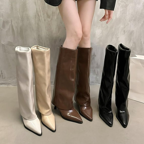 Knee-Length Cuffed Trouser Boots Women's High Heel Fashion Winter Boots Solid Color Pointed Toe Casual Outdoor Indoor Footwear