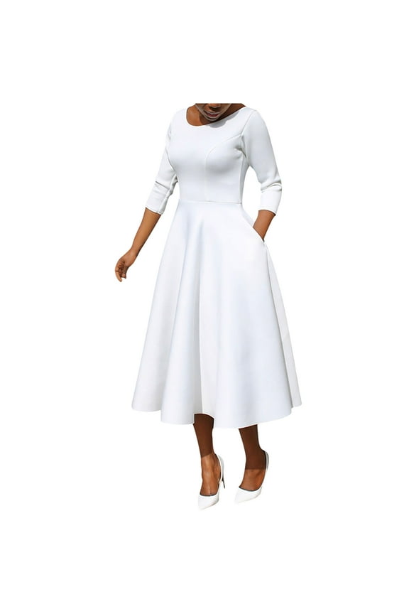 Knee Length Dress for Women 2025 Trendy Temperament Solid Color Round Neck Long Sleeved Dress with Pocket Vintage Wedding Guest Long Sleeves Formal Church Dress