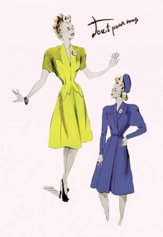 Knee-Length Dresses in Blue and Yellow 1947 Canvas Art - Unknown (12 x 18)