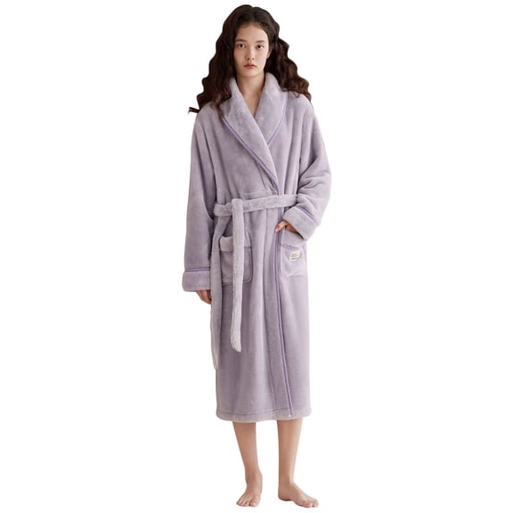 Knee Length Dressing Grown Shawl Collar Spa Robe Unisex Bathrobe, Plush Fleece Long Nightgown,Soft Warm Shower Robes
