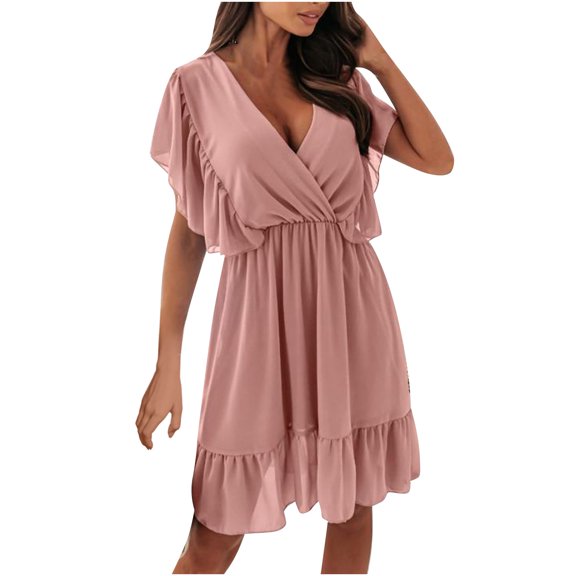 Knee Length Evening Dress Flutter Sleeve Wrap Dress for Women Elastic Waist V Neck Sundress Solid Color Ruffle Hem Flowy Dresses Knee Length