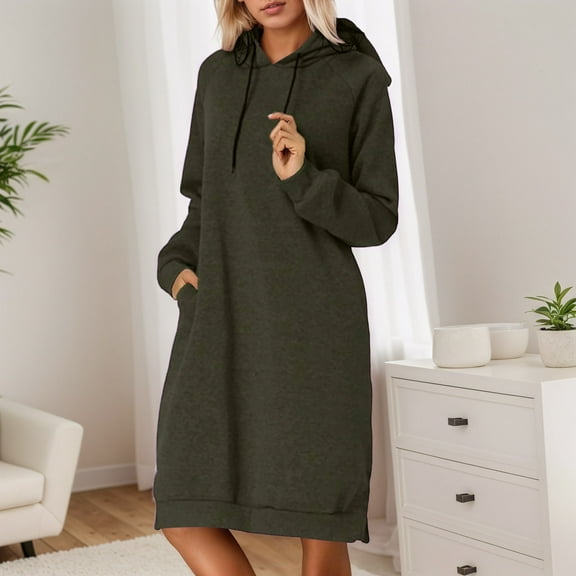 Knee Length Lined Solid Dresses For Women 2025 String Hoodie Pullover Dress With Pockets Long Sleeve Drop Shoulder Loose Hoodie Midi Dress (Green,L)