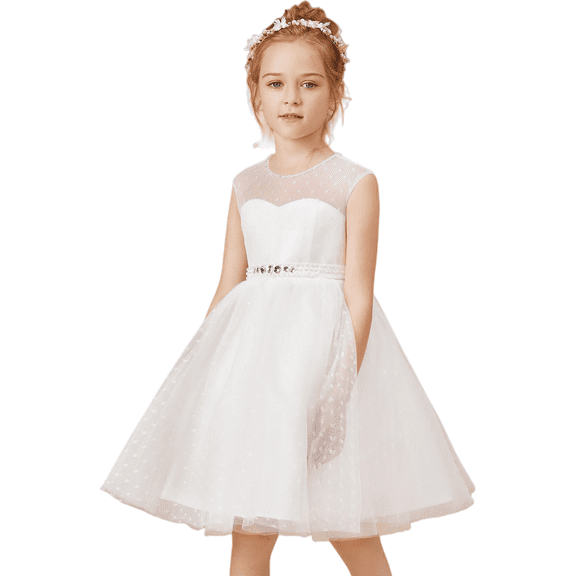 Knee Length Flower Girl Dress with Detachable Beaded Waistband Scoop Neck Tulle Lace Princess Pageant Dress Birthday Party Dress for Girls Elegant Floral Design Special Occasion ( 4 -5 Years）