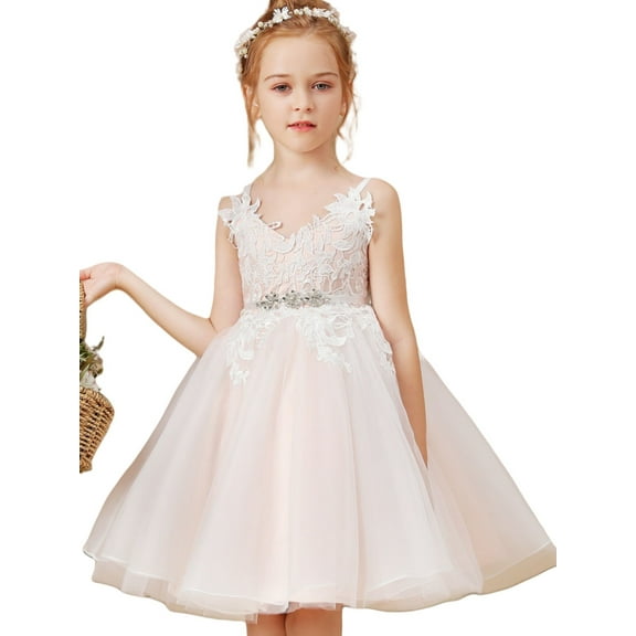 Knee Length Flower Girl Dress with Detachable Beaded Waistband V Neck Tulle Lace Princess Pageant Dress Birthday Party Dress for Girls Elegant Floral Design Special Occasion ( 6 -7 Years）
