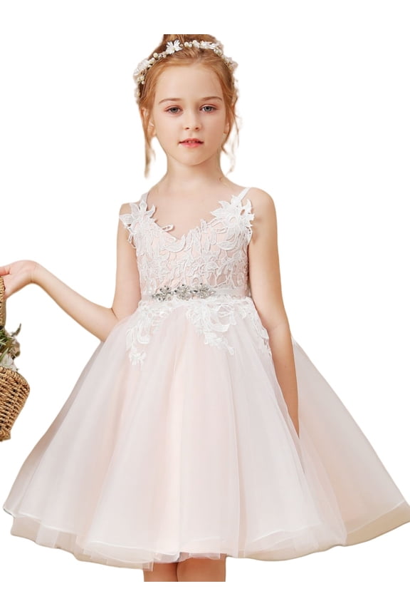 Knee Length Flower Girl Dress with Detachable Beaded Waistband V Neck Tulle Lace Princess Pageant Dress Birthday Party Dress for Girls Elegant Floral Design Special Occasion ( 4 -5 Years)