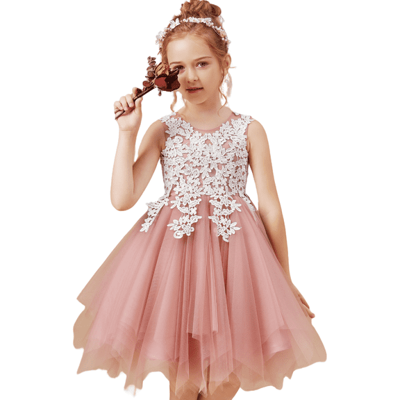 Knee Length Flower Girl Dress for Wedding Kids Tulle Princess Long Dresses Father Daughter Dance Girls Vestidos Lace Embroidery ( 12 -13 Years）