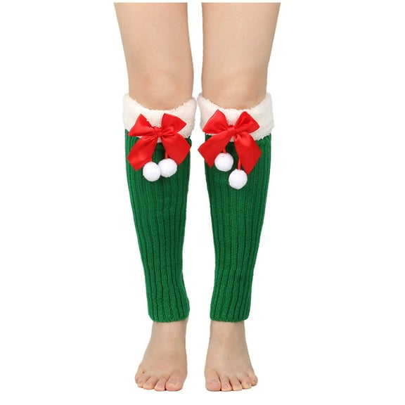 Knee Length Leg Warmers, Christmas Fleeced Bowknot White Cuff Leg Warmers Winter Knitted Boot Cuffs Footless Socks