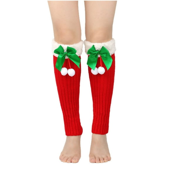 Knee Length Leg Warmers, Christmas Fleeced Bowknot White Cuff Leg Warmers Winter Knitted Boot Cuffs Footless Socks
