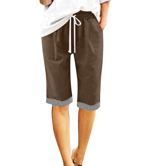 Knee Length Linen Shorts for Women Dressy Casual Striped Casual Summer Shorts Work Wide Leg Bermuda Bottoms Brown, M