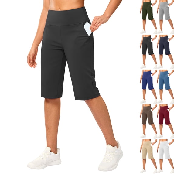 Knee Length Shorts Women Bermuda Summer Stretch Loose Capris High Waisted Athletic Capri with Pockets Black L