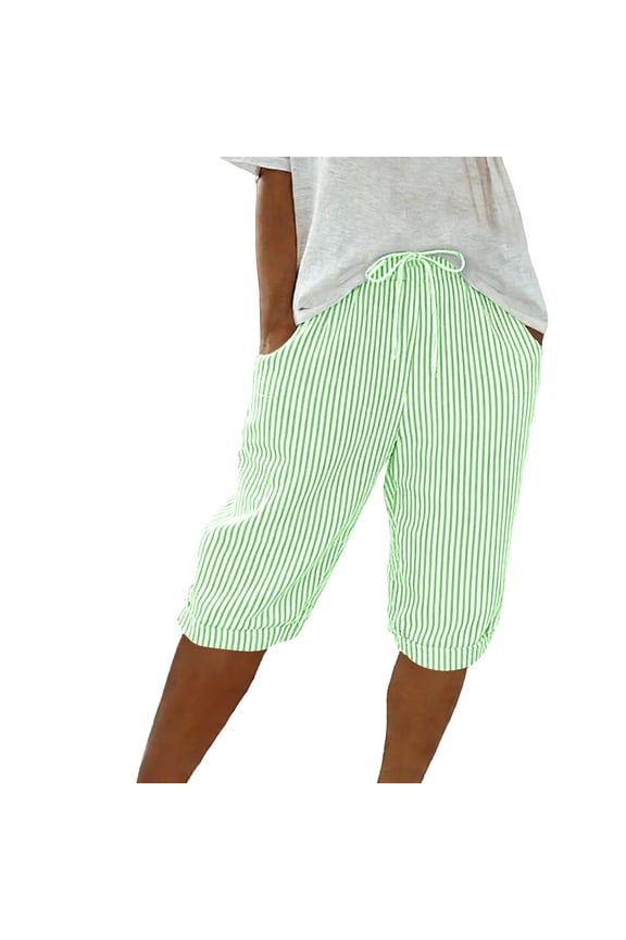 Knee Length Shorts Women with Pockets Striped Print Culottes Summer Capri Pants for Ladies Loose Casual Drawstring Capri Pants Lightweight and Breathable Elastic Waistband