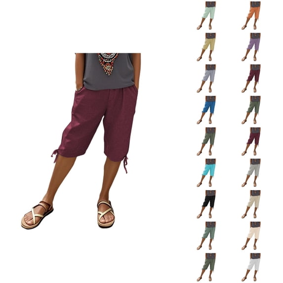 Knee Length Shorts for Women 2026 Summer Cotton Linen Elastic Waist Drawstring Elastic Hem Casual Shorts with Pockets