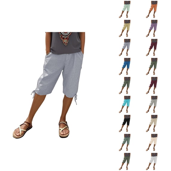Knee Length Shorts for Women 2026 Summer Cotton Linen Elastic Waist Drawstring Elastic Hem Casual Shorts with Pockets