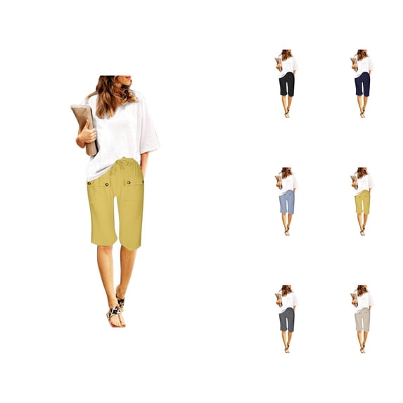 Knee Length Shorts for Women 2026 Summer Elastic High Waist Drawstring Wide Straight Leg Casual Shorts with Pockets