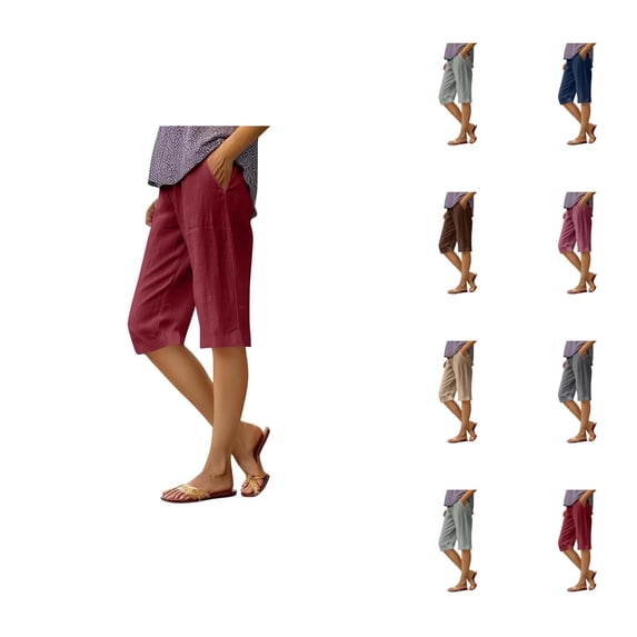 Knee Length Shorts for Women Summer Casual Cotton Linen Elastic Waist Straight Leg Relaxed Fit Shorts with Pockets