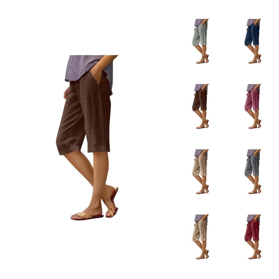 Knee Length Shorts for Women Summer Casual Cotton Linen Elastic Waist Straight Leg Relaxed Fit Shorts with Pockets