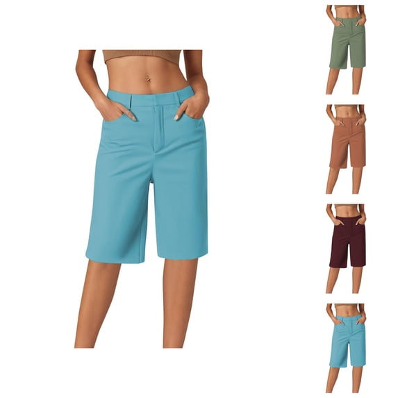 Knee Length Shorts for Women Summer Casual Stretchy Straight Leg Relaxed Fit Business Casual Work Shorts with Pockets