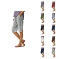 thumbnail image 1 of Knee Length Shorts for Women Summer Cotton Linen Elastic High Waist Straight Leg Side Split Hem Casual Shorts with Pockets, 1 of 5