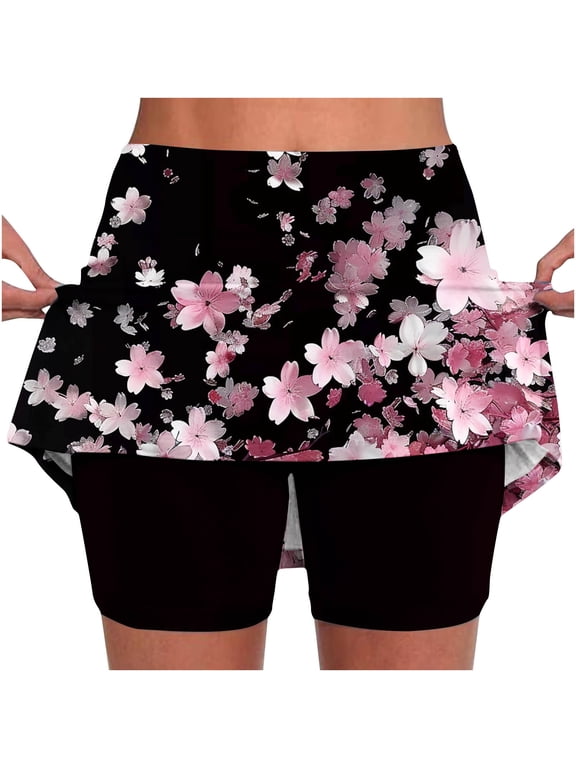 Knee Length Skorts Skirts for Women with Pockets Fashion Flora Graphic High Waisted Athletic Tennis Golf Skort for Casual Summer