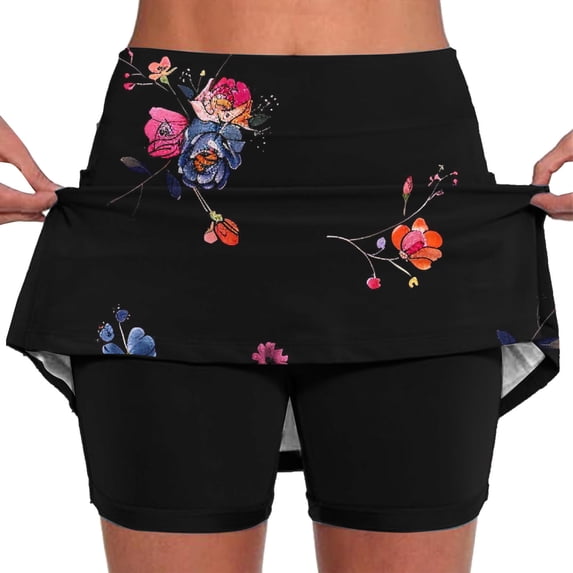 Knee Length Skorts Skirts for Women with Pockets Fashion Flora Graphic High Waisted Athletic Tennis Golf Skort for Casual Summer