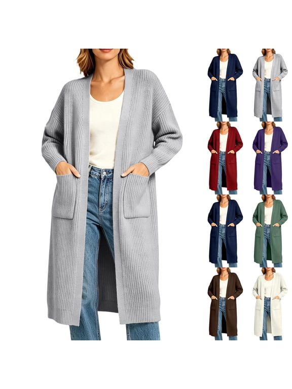 Knee Length Womens Cardigan Solid Ribbed Knit Open Front Knit Jacket With Patch Pocket Long Sleeve Top Relaxed Cardigan Sweaters